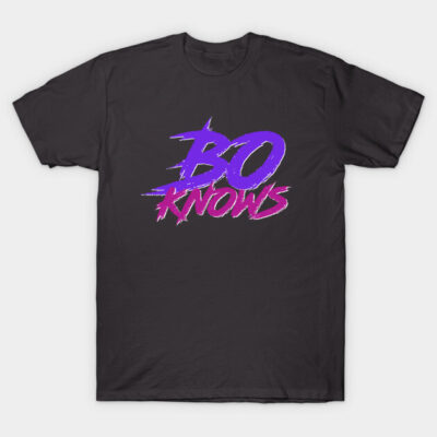 Black t-shirt with "BO KNOWS" text in purple and pink, casual style, unisex cotton tee for everyday wear.