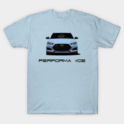 Light blue t-shirt with car graphic and "Performance" text, casual style, 100% cotton, perfect for car enthusiasts.