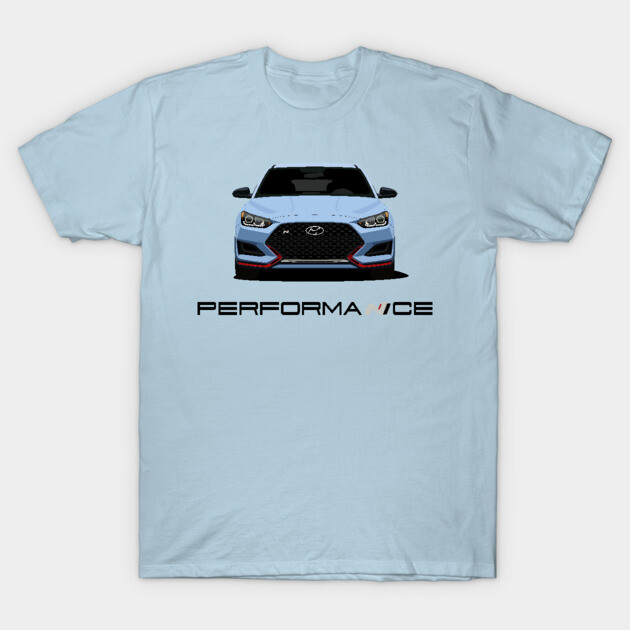 Light blue t-shirt with car graphic and "Performance" text, casual style, 100% cotton, perfect for car enthusiasts.