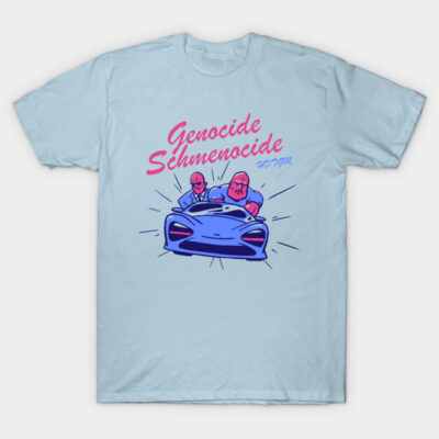 Light blue graphic t-shirt featuring a cartoon car and bold pink text, casual wear for everyday style.