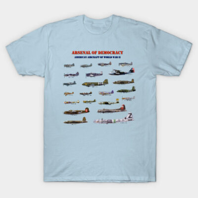 Light blue T-shirt featuring vintage World War II aircraft illustrations, cotton material, casual style.