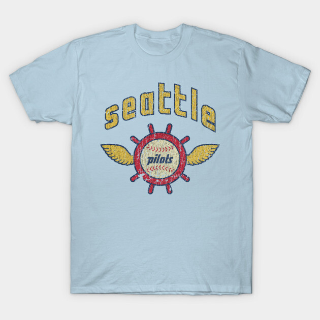 Light blue Seattle baseball-themed t-shirt with vintage-style graphic, short sleeves, casual wear, cotton fabric.