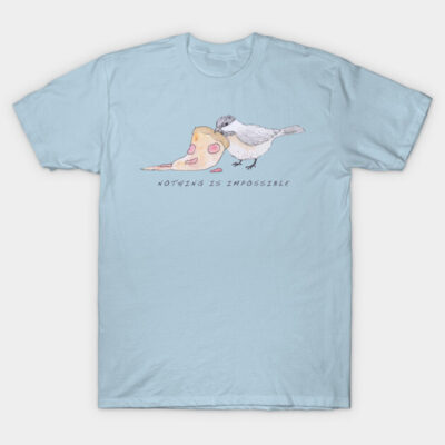 Light blue T-shirt with bird and pizza graphic, "Nothing is Impossible" text, casual style, cotton fabric.