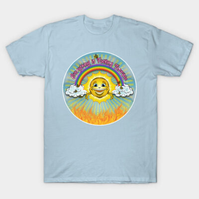 Light blue t-shirt with colorful sun and rainbow design, casual style, cotton material, unisex fit.