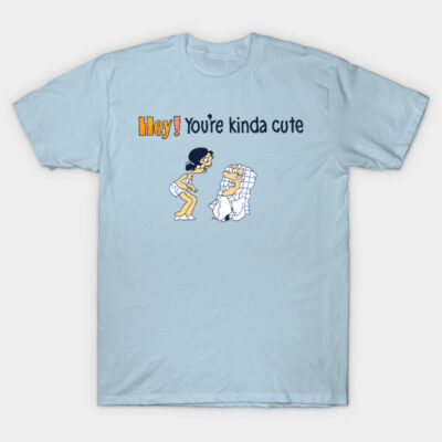 Light blue graphic t-shirt with "Hey! You're kinda cute" cartoon print. Casual style, soft cotton material, unisex fit.