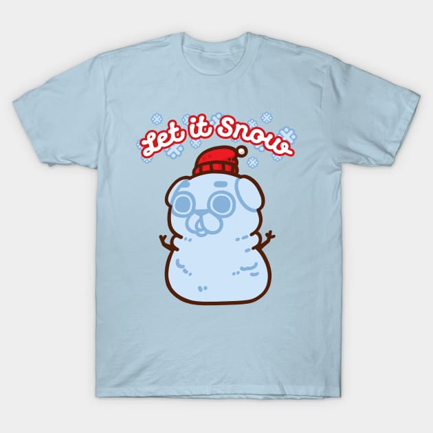 Light blue t-shirt with "Let it Snow" text and snowman graphic, featuring a red hat and glasses. Fun winter apparel.