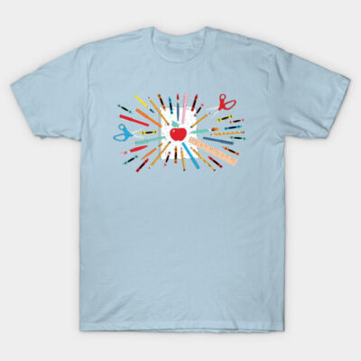 Light blue graphic t-shirt featuring colorful art tools design, perfect for artists; 100% cotton casual wear.