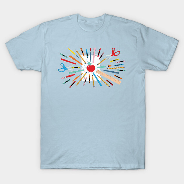 Light blue graphic t-shirt featuring colorful art tools design, perfect for artists; 100% cotton casual wear.