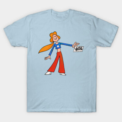 Light blue T-shirt with cartoon character holding "Vote" sign, featuring red pants and blue star top. Casual style.