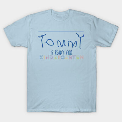 Light blue T-shirt with colorful "Ready for Kindergarten" text, casual style, perfect for school events.