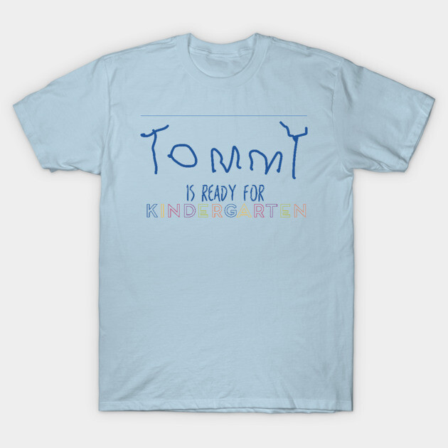 Light blue T-shirt with colorful "Ready for Kindergarten" text, casual style, perfect for school events.