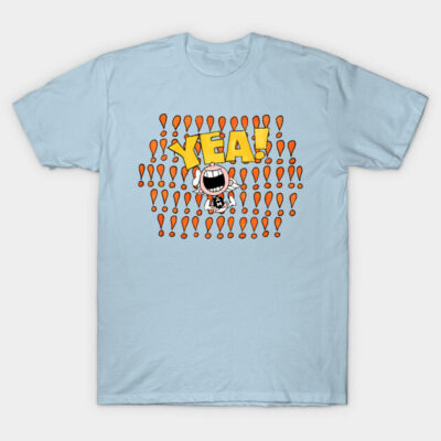 Light blue graphic tee with "YEA!" text and cartoon design, casual wear, cotton material.
