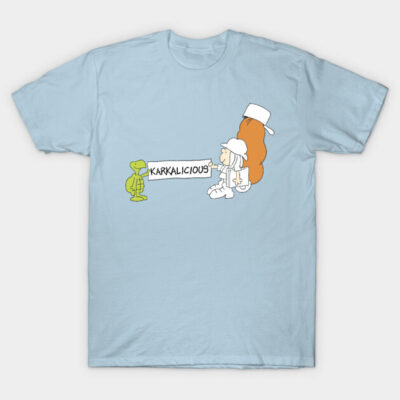 Light blue graphic tee with cartoon characters and "Karkalicious" text, casual style, 100% cotton.