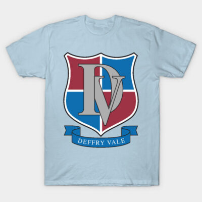 Light blue Deffry Vale t-shirt with red and blue shield logo, casual wear, cotton blend, unisex.