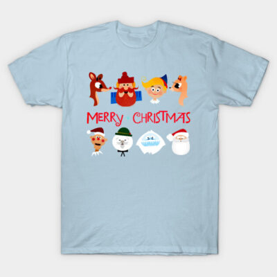 Light blue Christmas-themed t-shirt with festive character illustrations and "Merry Christmas" text, perfect for holidays.