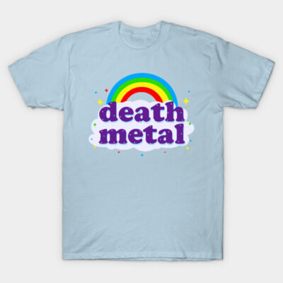 Light blue t-shirt with colorful rainbow and "death metal" text, casual style, soft cotton material, unisex design.