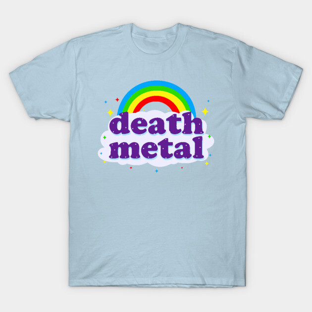 Light blue t-shirt with colorful rainbow and "death metal" text, casual style, soft cotton material, unisex design.