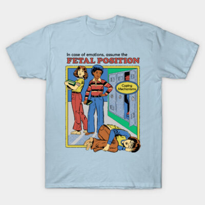 Light blue graphic t-shirt with vintage comic design and humorous text, casual cotton apparel for everyday wear.