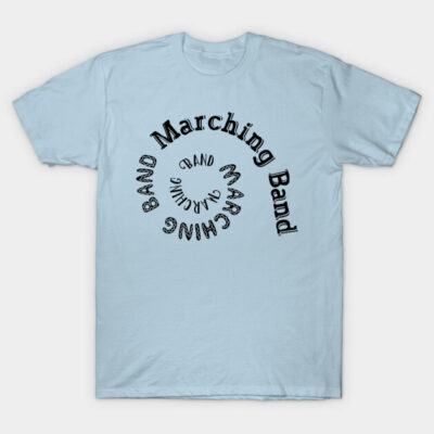 Light blue T-shirt with "Marching Band" spiral design, casual style, comfortable cotton fabric for music enthusiasts.
