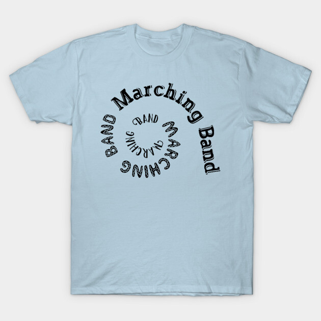 Light blue T-shirt with "Marching Band" spiral design, casual style, comfortable cotton fabric for music enthusiasts.