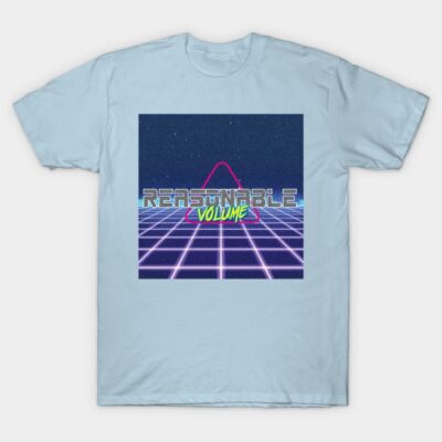 Light blue retro graphic t-shirt with "Reasonable Volume" text, featuring neon grid and triangle design.