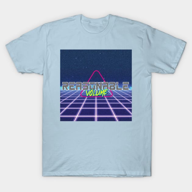 Light blue retro graphic t-shirt with "Reasonable Volume" text, featuring neon grid and triangle design.