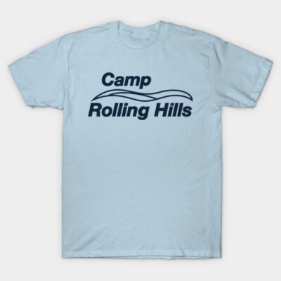 Light blue "Camp Rolling Hills" t-shirt with dark text, casual style, perfect for outdoor activities or summer campwear.