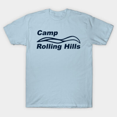 Light blue cotton t-shirt with "Camp Rolling Hills" text, casual style, perfect for outdoor activities or summer wear.