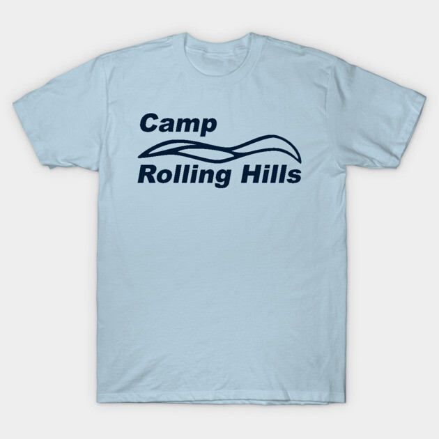 Light blue cotton t-shirt with "Camp Rolling Hills" text, casual style, perfect for outdoor activities or summer wear.