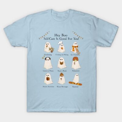 Light blue t-shirt with cute ghost illustrations promoting self-care activities, made from soft cotton material.