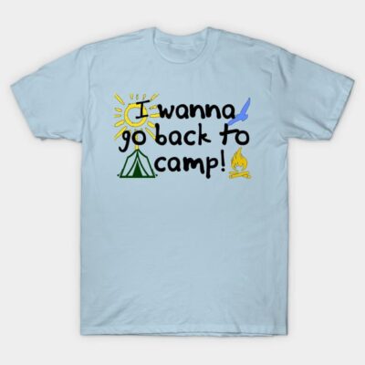 Light blue t-shirt with "I wanna go back to camp!" print, featuring sun, tent, and campfire graphics, casual style.