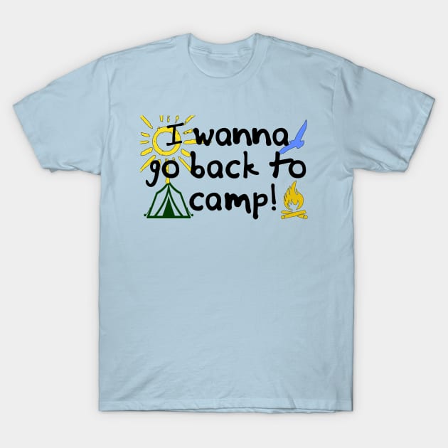Light blue t-shirt with "I wanna go back to camp!" print, featuring sun, tent, and campfire graphics, casual style.