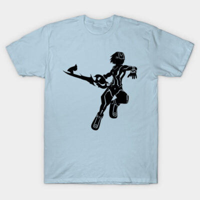Light blue t-shirt featuring a black silhouette of a futuristic warrior with a sword, ideal for casual wear.