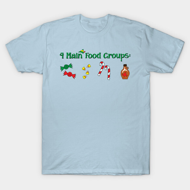 Light blue t-shirt with "4 Main Food Groups" design featuring candy icons, casual cotton short sleeve for everyday wear.