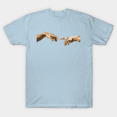 Light blue t-shirt with artistic hand graphic, casual style, cotton material, unisex design for everyday wear.