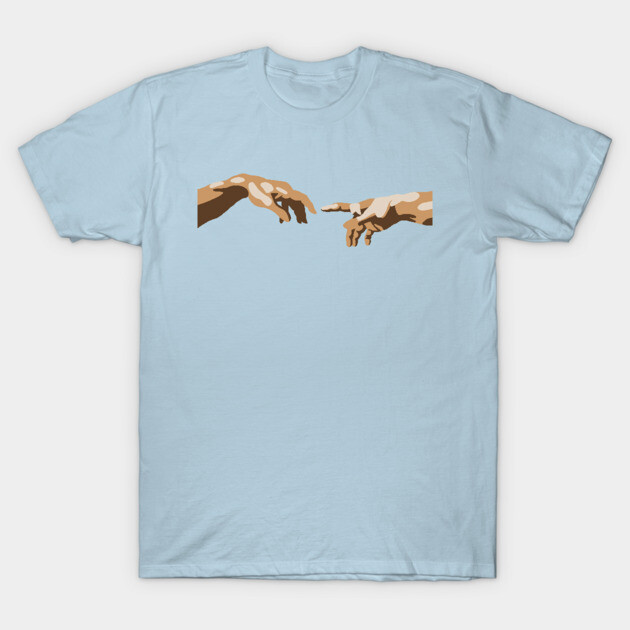 Light blue t-shirt with artistic hand graphic, casual style, cotton material, unisex design for everyday wear.