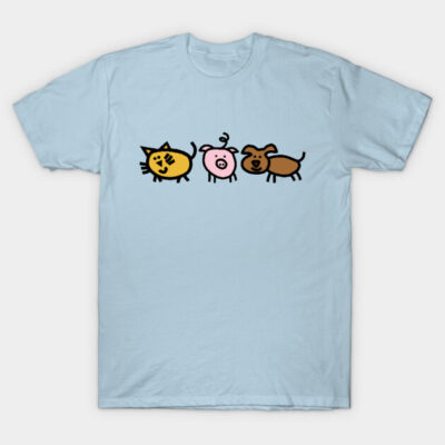 Light blue t-shirt with cute animal cartoon print, featuring a cat, pig, and dog. Casual cotton tee for everyday wear.
