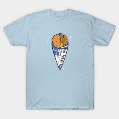 Light blue cotton t-shirt with cartoon fries and chicken design, casual style. Perfect for everyday wear.