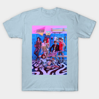 Light blue retro graphic t-shirt featuring 1980s style design with vibrant colors, perfect for casual wear.