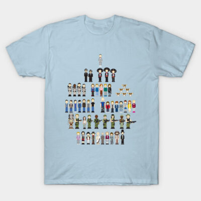Light blue t-shirt featuring colorful pixel art characters, casual style, ideal for everyday wear, 100% cotton material.