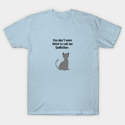 Light blue t-shirt with humorous cat graphic and text, casual style, cotton material, perfect for everyday wear.