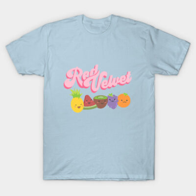 Light blue t-shirt with cute fruit print and pink script text, casual style, perfect for everyday wear.