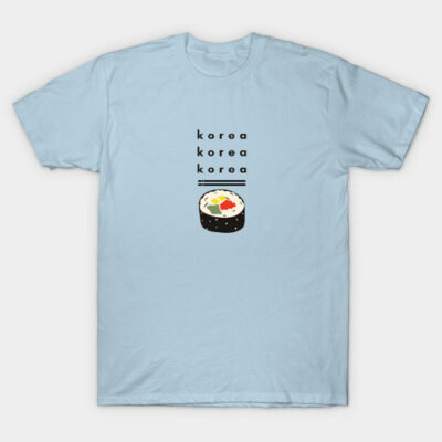 Light blue t-shirt with "Korea" text and sushi graphic, casual style, cotton material, unisex design.