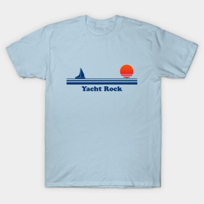 Light blue "Yacht Rock" t-shirt with sailboat and sunset design, casual style, soft cotton fabric, ideal for summer wear.