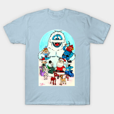 Light blue T-shirt featuring colorful cartoon holiday characters, ideal for festive occasions and casual wear.