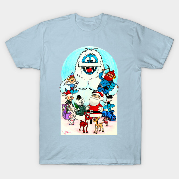 Light blue T-shirt featuring colorful cartoon holiday characters, ideal for festive occasions and casual wear.