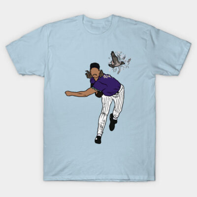 Light blue t-shirt featuring cartoon baseball pitcher and bird design, casual style, 100% cotton, unisex.