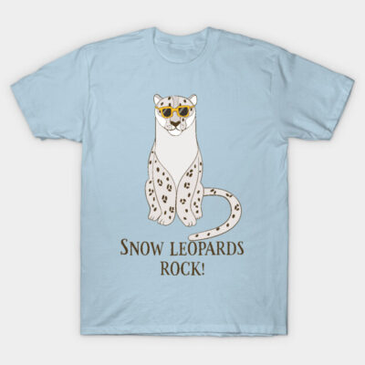 Light blue t-shirt featuring a cool snow leopard graphic with sunglasses and "Snow Leopards Rock!" text.