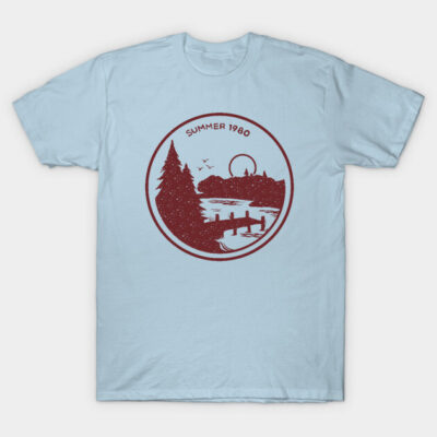Light blue t-shirt with vintage red landscape print, featuring "Summer 1980," casual wear, 100% cotton.