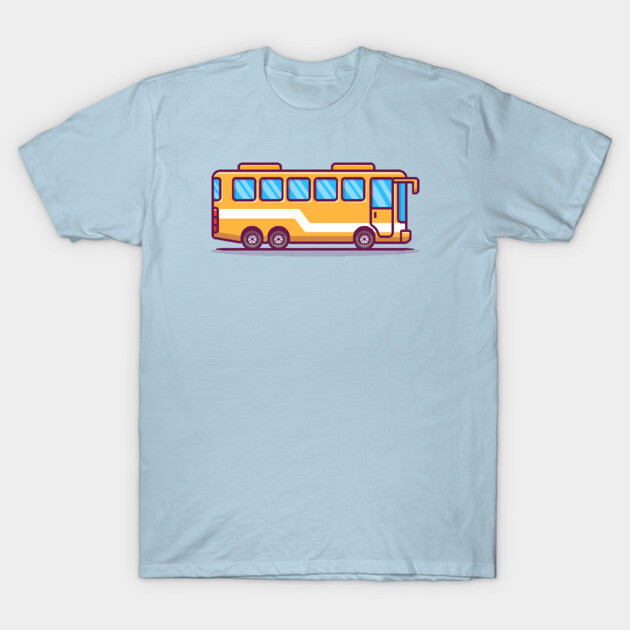 Light blue t-shirt with cartoon bus graphic, short sleeve, casual cotton wear for everyday use, unisex style.